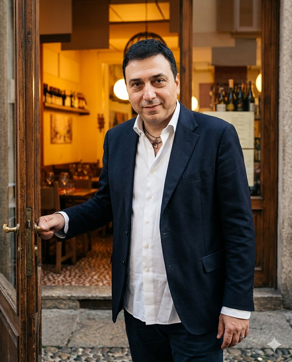 Massimo, titolare dell'Osteria dei Vecchi Sapori, all'ingresso della trattoria milanese in Via Carmagnola, quartiere Isola Milano