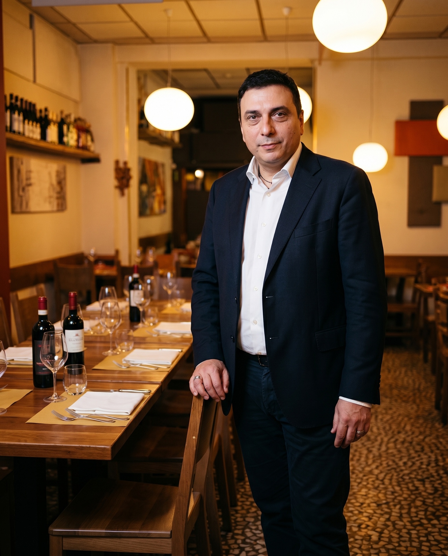 Massimo nella sala dell'Osteria dei Vecchi Sapori, tavolo apparecchiato per cena aziendale
